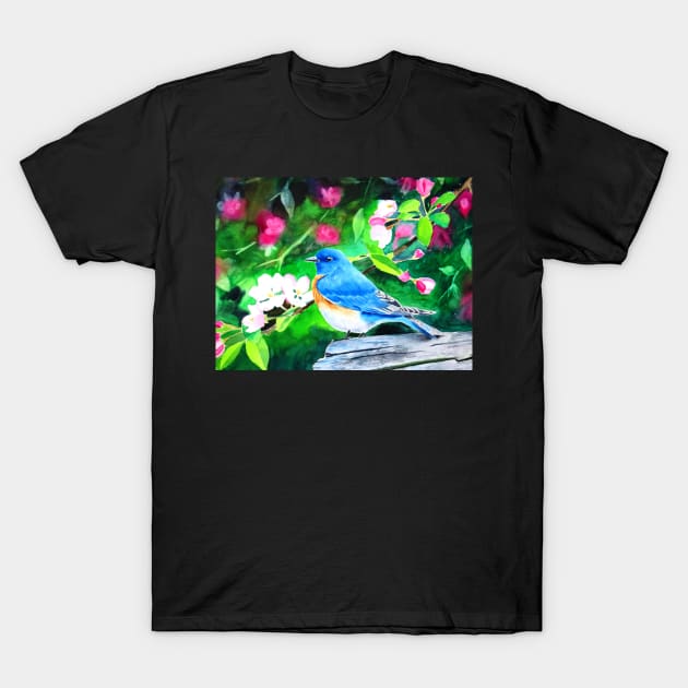 Eastern Bluebird in Blossoms Watercolor Painting T-Shirt by julyperson